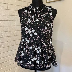 Ann Taylor LOFT Sleeveless Blouse Metallic Floral Tank Top Ruffle Peplum